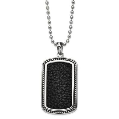 Antiqued &amp; Polished Black Leather Inlay Dogtag 22 Inch Necklace Stainless Steel SRN2983-22 by Chise…