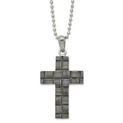 Antiqued &amp; Polished Basket Weave Design Cross Necklace Stainless Steel SRN2978-22 by Chisel, MPN: S…