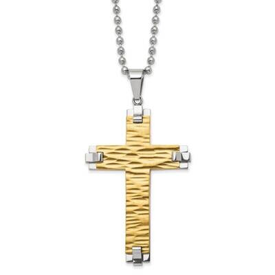Polished &amp; Textured Yellow Ip Cross 22 Inch Necklace Stainless Steel Brushed SRN2974-22 by Chisel, …