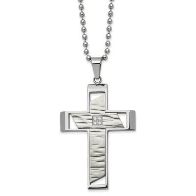 Polished &amp; Textured with CZ Diamond Cross 22 Inch Necklace Stainless Steel Brushed SRN2975-22 by Ch…