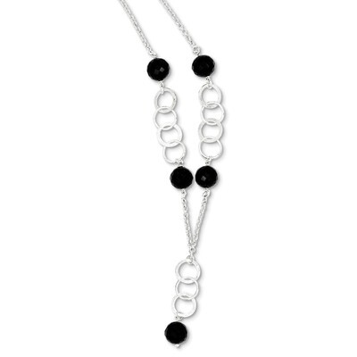 Sterling Silver &amp; Black Bead Polished &amp; Textured Drop Necklace QG2867-18