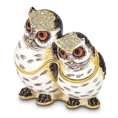 By Jere OLGA and OMAR Mother and Baby Owl Trinket Box with Matching 18 Inch Necklace Pewter Bejewel…