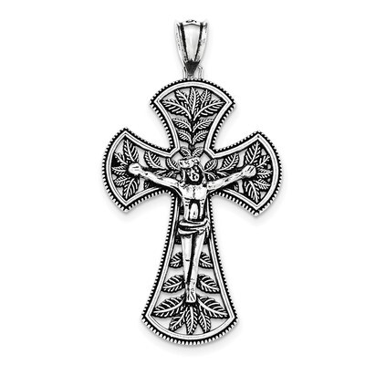 Antiqued Leaf Large INRI Crucifix Pendant Sterling Silver QC8321