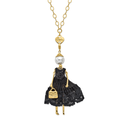 Swar Sim.Pearl Black Lace Doll Charm with Chain Le Amiche Gold-tone by Jere, MPN: JDN114-31,