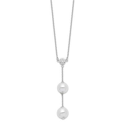 Majestik 10-11mm White Imitation Shell Pearl CZ Diamond Y-Drop Necklace Sterling Silver Rhodium-pla…