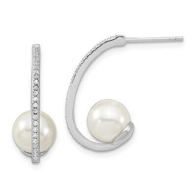 Majestik 8-9mm White Imitation Shell Pearl CZ Diamond J-Hoop Earrings Sterling Silver Rhodium-plate…