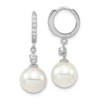 Majestik 10-11mm White Imitation Shell Pearl CZ Diamond Hoop Earrings Sterling Silver Rhodium-plate…