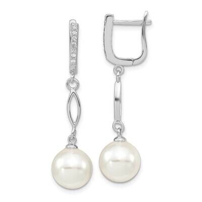 Majestik 10-11mm White Imitation Shell Pearl CZ Diamond Hoop Earrings Sterling Silver Rhodium-plate…