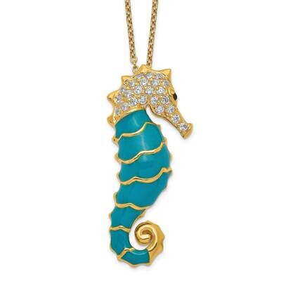 Cheryl M Gold-Plated Enameled CZ Diamond Seahorse Necklace Sterling Silver Rhodium-plated QCM578-18…