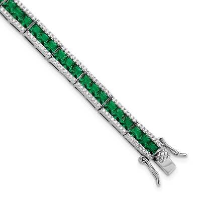 Cheryl M Princess-Cut Green Crystal CZ Diamond Bar Bracelet 7.25 Inch Sterling Silver Rhodium-plate…