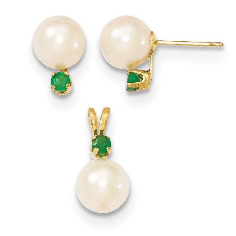 7-8mm White FW Cultured Pearl & Emerald Stud Earrings & Pendant 14k Gold XF303SET