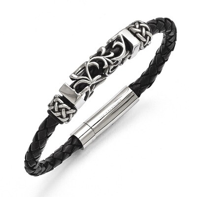 Black Leather with Antiqued Beads Bracelet 8.25 Inch Stainless Steel SRB1470-8.25, MPN: SRB1470-8.2…