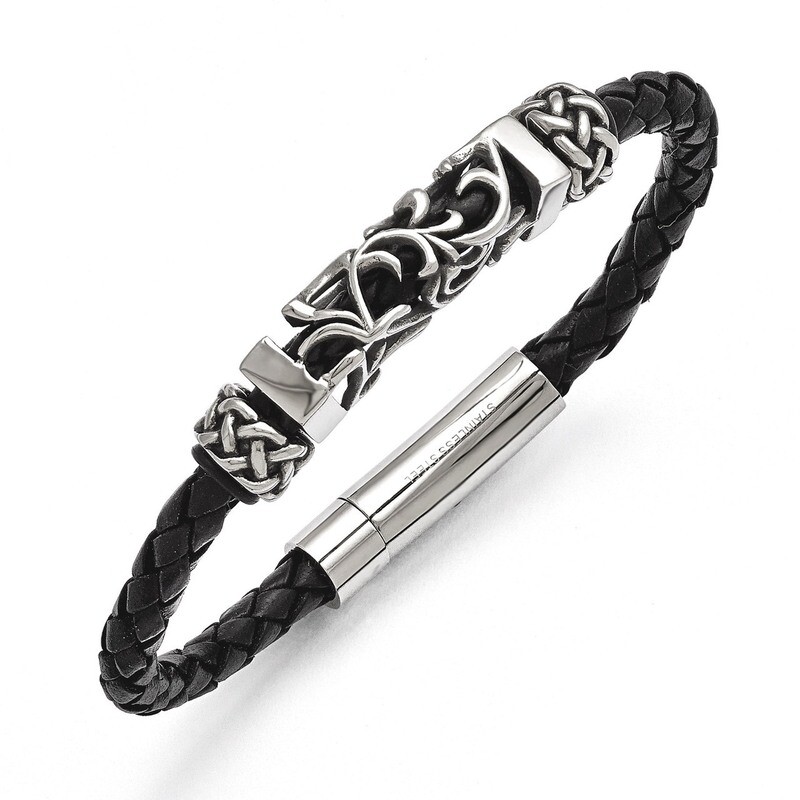 Black Leather with Antiqued Beads Bracelet 8.25 Inch Stainless Steel SRB1470-8.25