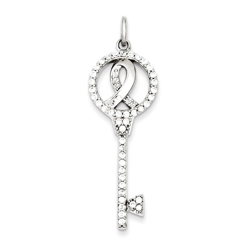 Breast Cancer Awareness Symbol CZ Key Pendant Sterling Silver QP2015