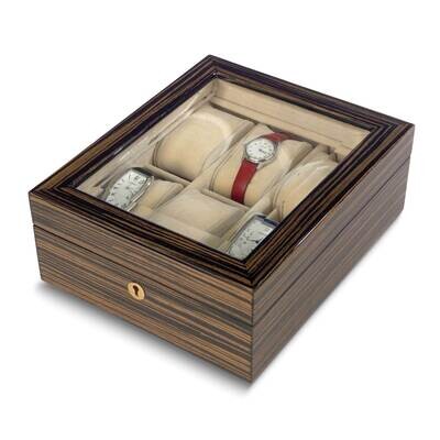 High Gloss Striped Ebony Wood Finish Glass Lid Felt Lined Locking Wooden 6-Watch Storage Case GP901…