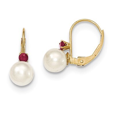 6-6.5mm White Cultured Pearl &amp; .10ct. Ruby Leverback Ear 14k Gold XLB60R/PL, MPN: XLB60R/PL, 883957…