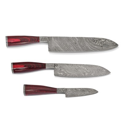 Set of 3, Damascus Steel 256 Layer Fixed Blade Pakka Wood Handle Knives by Jere, MPN: KNCHEF, 19110…