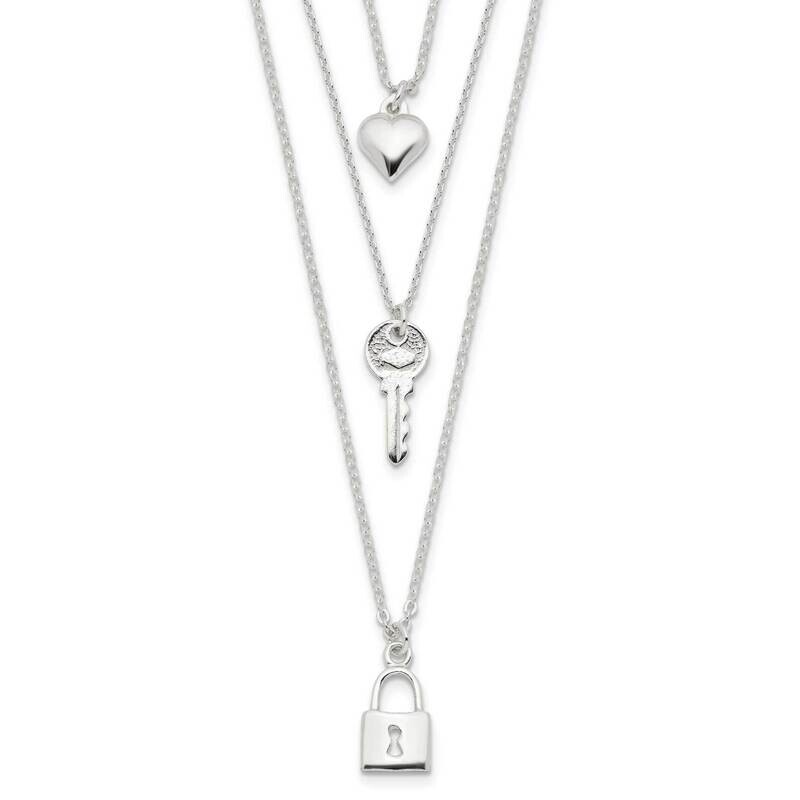 Lock, Heart and Key Multi-Strand 16 Inch Necklace Sterling Silver QG4384-16