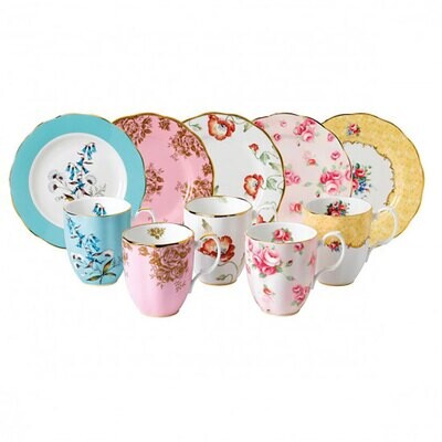 Royal Albert 100 Years 1950-1990 10-Piece Set Mug &amp; Plate 8 Inch Festival Golden Rose Poppy Rose Bl…
