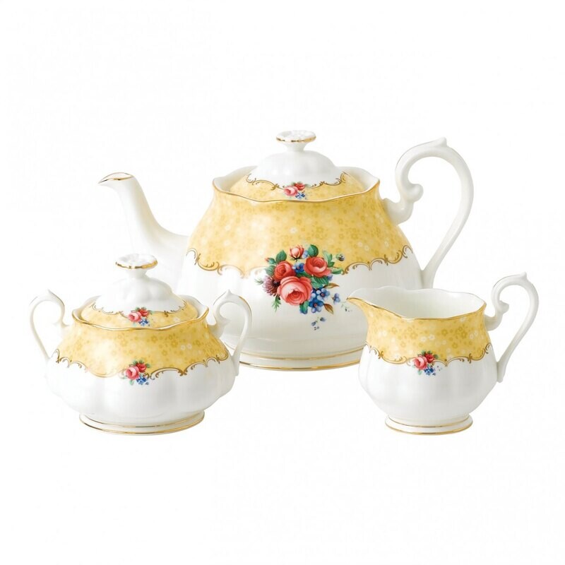 Royal Albert 100 Years 1990 3-Piece Set Teapot Sugar & Creamer Bouquet