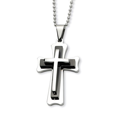 Black Acrylic &amp; Polished Cross Necklace Stainless Steel SRN467-24, MPN: SRN467-24, 886774040431