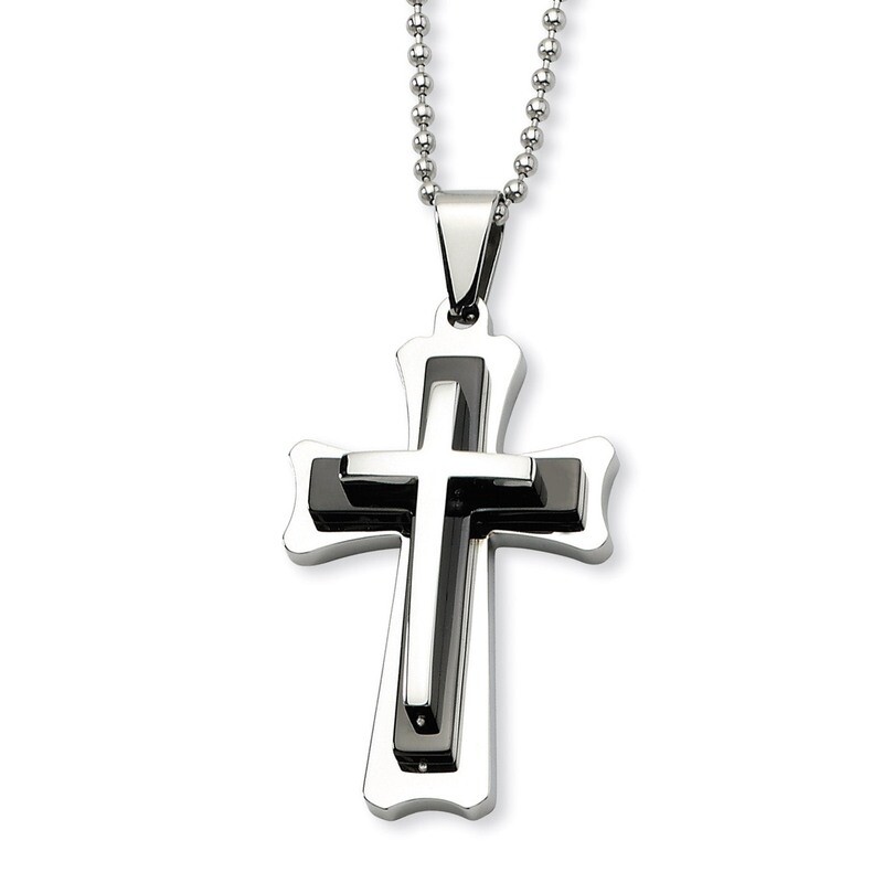 Black Acrylic & Polished Cross Necklace Stainless Steel SRN467-24