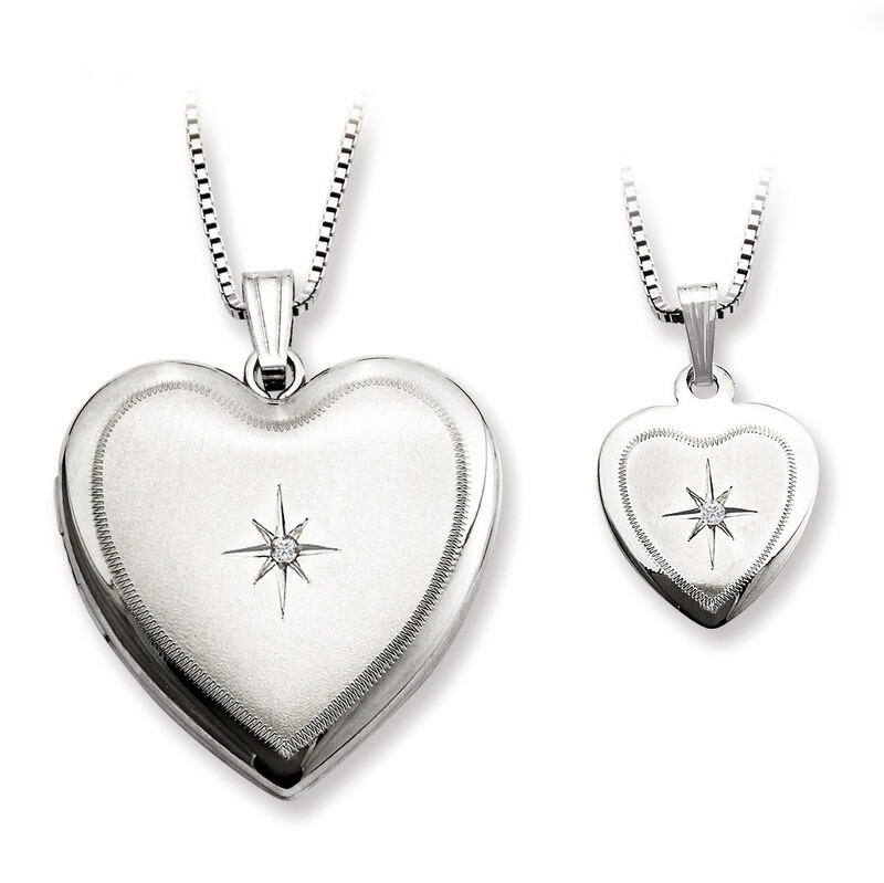 Polished Satin Heart Locket & Pendant Set Sterling Silver with Diamonds QLS462SET