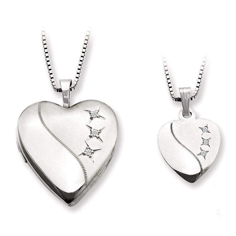 Polished Satin Heart Locket & Pendant Set Sterling Silver with Diamonds QLS450SET