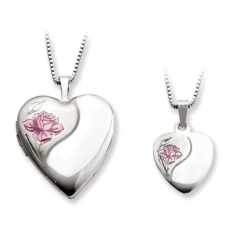Rose Heart Locket & Pendant Set Sterling Silver Polished and Satin QLS448SET