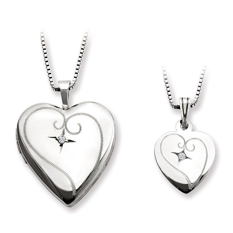 Polished Heart Locket & Pendant Set Sterling Silver with Diamonds QLS449SET