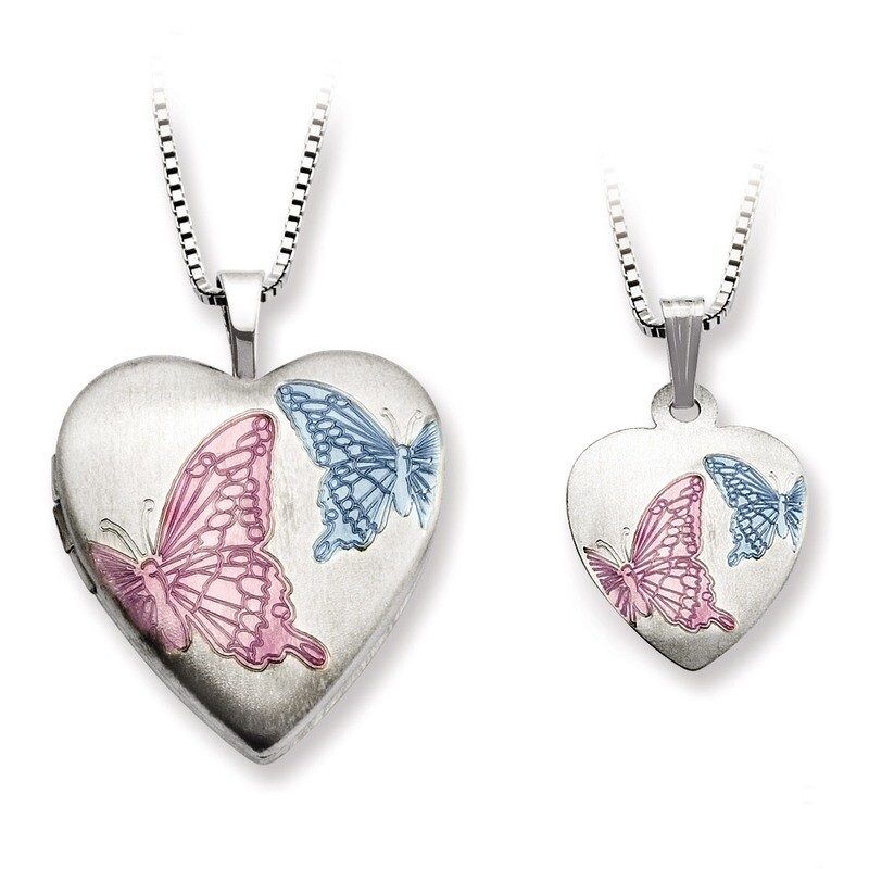 Satin Enamel Butterflies Heart Locket & Pendant Set Sterling Silver QLS439SET