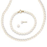 White Fresh Water Cultured Pearl 14 in. Necklace, 5 in. Bracelet &amp; Earring Set 14k Gold XF403SET, M…