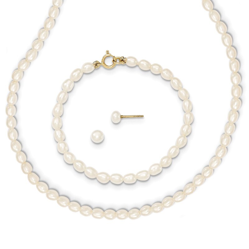 White Fresh Water Cultured Pearl 14 in. Necklace, 5 in. Bracelet & Earring Set 14k Gold XF403SET