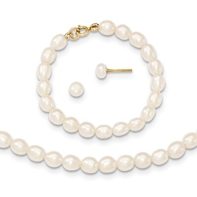 White Fresh Water Cultured Pearl 12 in. Necklace, 4 Bracelet &amp; Earring Set 14k Gold XF401SET, MPN: …