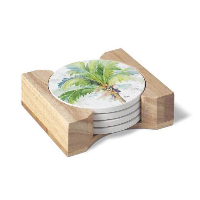 Watercolor Palm Set of Four Coasters with Holder GM23811