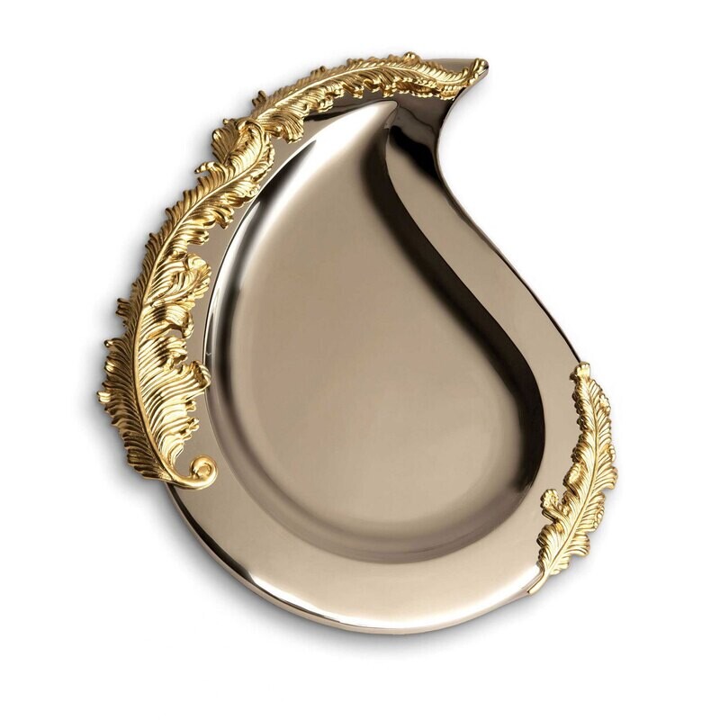 L'Objet Lamina Oval Platter Handcrafted Stainless Steel with 24k Gold-Plated leaf accents.