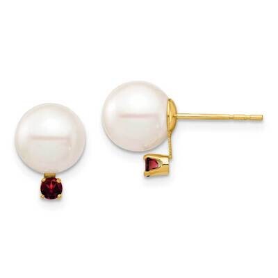 8-8.5mm White Round Freshwater Cultured Pearl Garnet Post Earrings 14k Gold XF754E_GA, MPN: XF754E_…