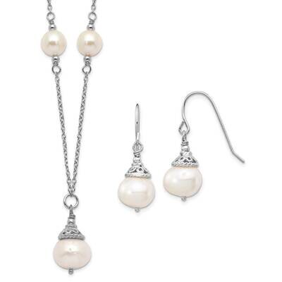 9-10mm Cultured Freshwater Pearl Necklace/Earrings Set Sterling Silver Rhodium-plated QG5612SET, MP…