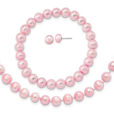 7-8mm Pink Cultured Freshwater Pearl Earring Bracelet Necklace Set Sterling Silver Rhodium-plated Q…