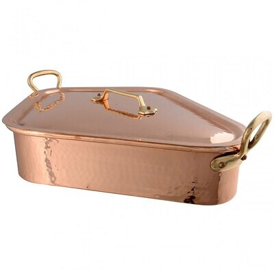 Mauviel M&#39;Tradition Hammered Copper Turbot Ketllewith Lid And Grid. Tin Inside,Bronze Handles 50 x 40cm 216150