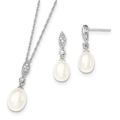 8-9mm White Cultured Freshwater Pearl CZ Diamond Neck and Earring Set Sterling Silver Rhodium QH518…