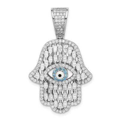 White &amp; Blue CZ Diamond Hamsa Eye Pendant Sterling Silver Rhodium-plated QC9448, MPN: QC9448,