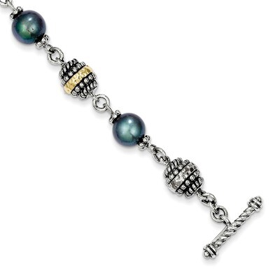 Fresh Water Cultured Black Pearl Bracelet Sterling Silver &amp; 14k Gold QTC419