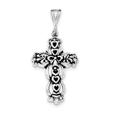 Antiqued &amp; Textured Hearts on Cross Pendant Sterling Silver QC8240