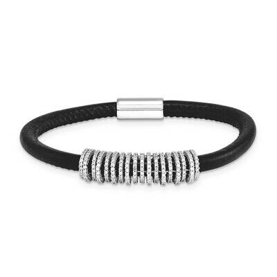 Sterling Silver 5mm Black Leather CZ Station Rhodium Large Bracele J286595180543