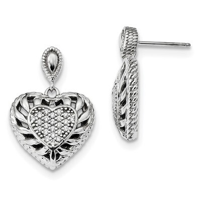 CZ Diamond Heart Dangle Post Earrings Sterling Silver Rhodium-plated Polished QE13403, MPN: QE13403…
