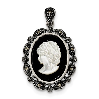 Marcasite Black Agate &amp; Mother of Pearl White Cameo Pendant Sterling Silver Antiqued QC9200, MPN: Q…