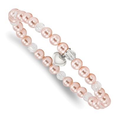 Heart Pink Shell Bead &amp; Crystal 6 inch Stretch Bracelet 6 Inch Sterling Silver QH5326, MPN: QH5326,…