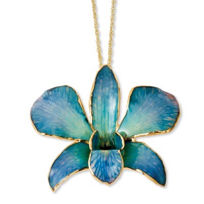Blue Dendrobium Orchid Necklace Lacquer Dipped Gold Trimmed BF2014-20, MPN: BF2014-20, 810391017484