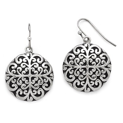 Polished Antiqued Circle Dangle Earrings - Stainless Steel SRE755 by Chisel, MPN: SRE755, 886774986…